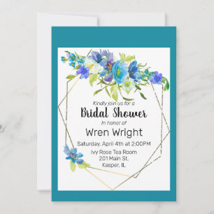 Watercolor Turquoise Blue Purple Floral Gold Frame Invitation