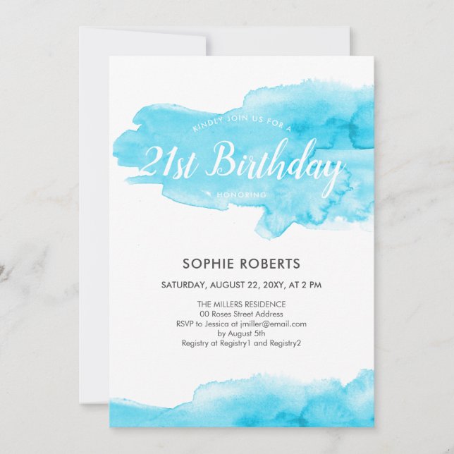 Watercolor Turquoise Colour Splash 21st Birthday Invitation (Front)