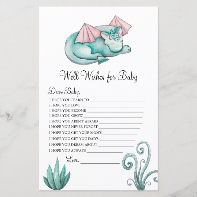 Watercolor Turquoise Dragon Well Wishes for Baby (Front)