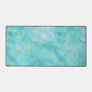 Watercolor Turquoise Faux Gold Polka Dots Desk Mat
