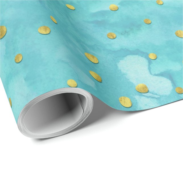 Watercolor Turquoise Faux Gold Polka Dots Gift Wrapping Paper (Roll Corner)