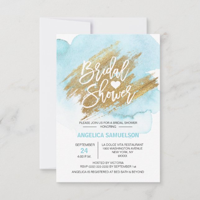 Watercolor Turquoise Gold Brush Bridal Shower Invitation (Front)