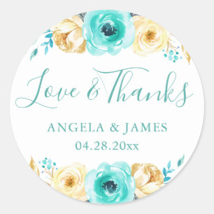 Watercolor Turquoise Gold Floral Wedding Thank You Classic Round Sticker