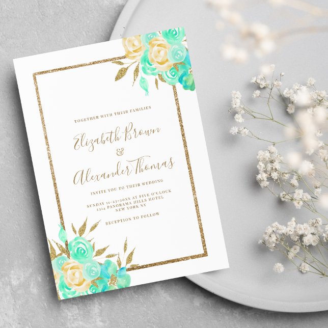 Watercolor turquoise gold glitter floral wedding  invitation (Watercolor turquoise gold glitter floral wedding)