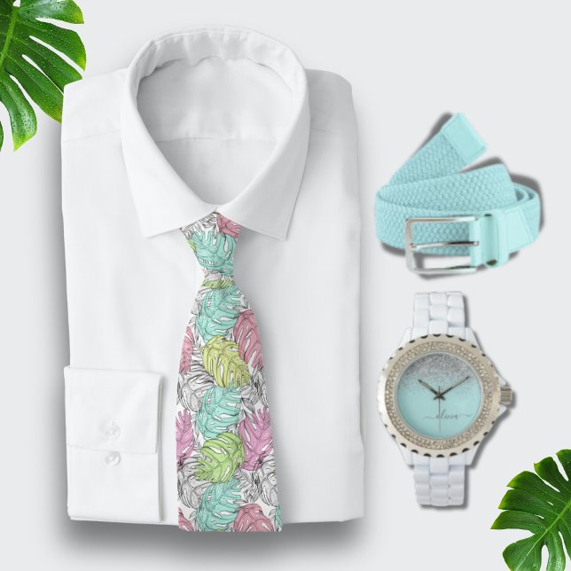 Watercolor Turquoise Hawaiian Aqua blue Monstera Tie (Creator Uploaded)