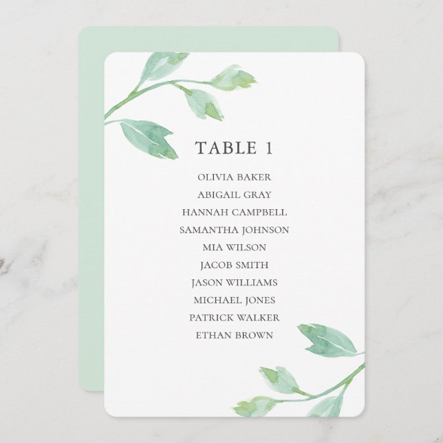 Watercolor turquoise leaves. Wedding seating chart Invitation (Front/Back)