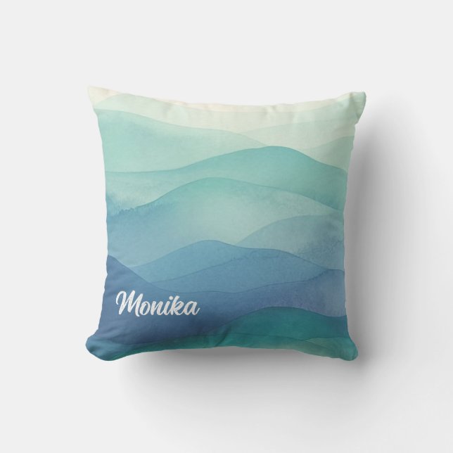 Watercolor Turquoise Navy Blue Ombre Layered  Cushion (Front)