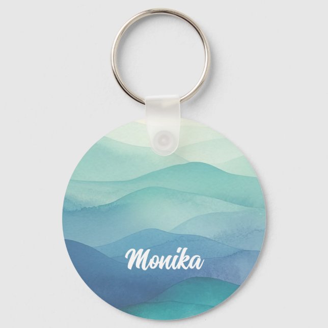 Watercolor Turquoise Navy Blue Ombre Layered  Key Ring (Front)