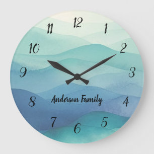 Watercolor Turquoise Navy Blue Ombre Waves Numbers Large Clock