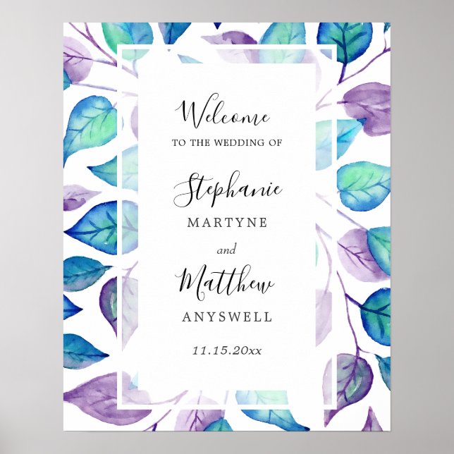 Watercolor Turquoise Purple Leaves Foliage Wedding Poster (Front)