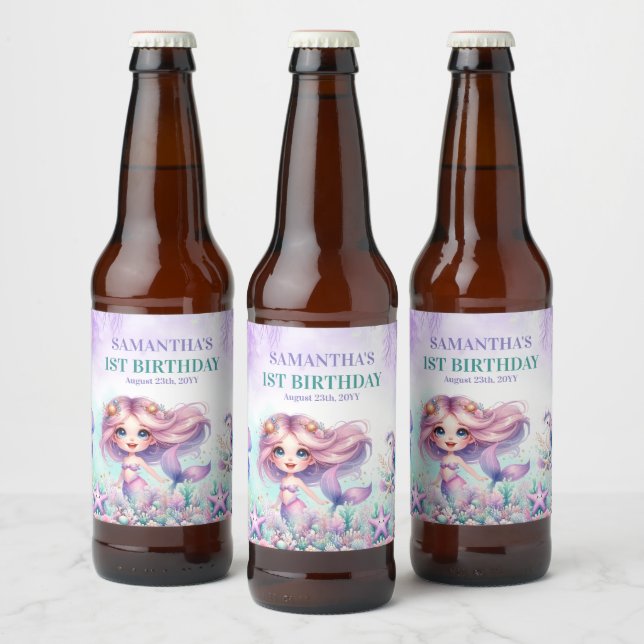 Watercolor turquoise purple mermaid 1st birthday beer bottle label (Bottles)