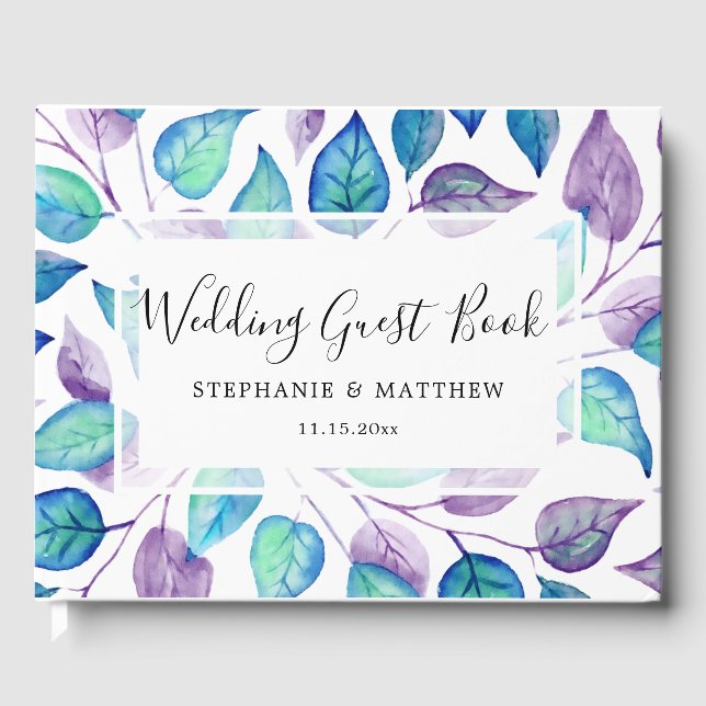 Watercolor Turquoise Purple Painted Leaves Wedding Guest Book (Front)