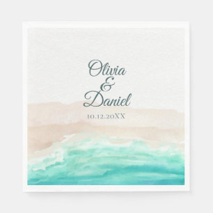 Watercolor Turquoise Sandy Beach Wedding Napkin