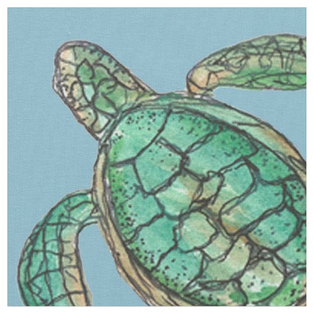 Watercolor Turtle Drawing Blue Fabric (Close Up)
