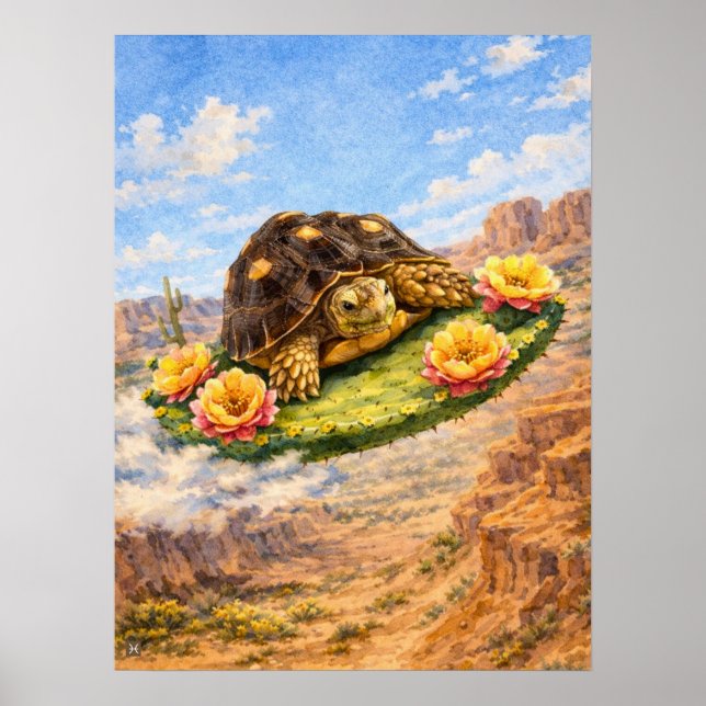 Watercolor Turtle flying on a magic cactus pad Poster (Front)