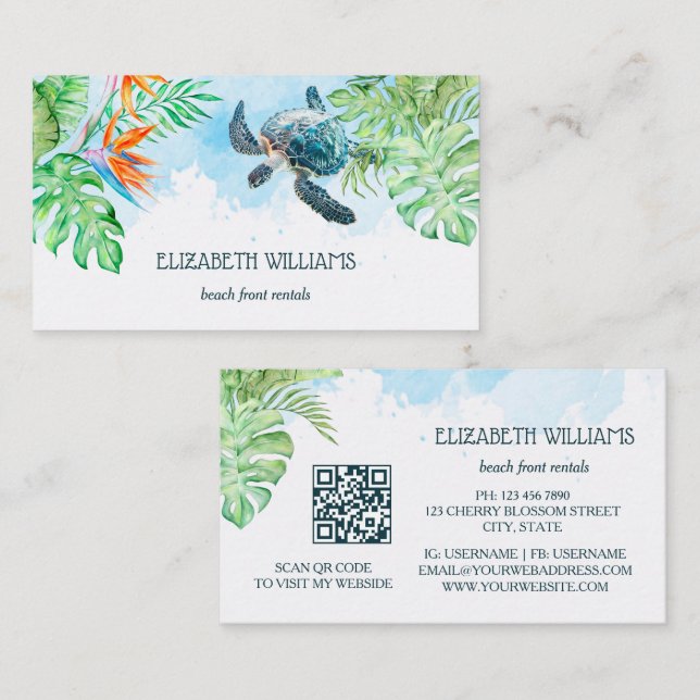  Watercolor Turtle Tropical Leaves Business Card (Front/Back)
