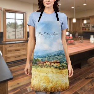 Watercolor Tuscan Mediterranean Family Name Apron