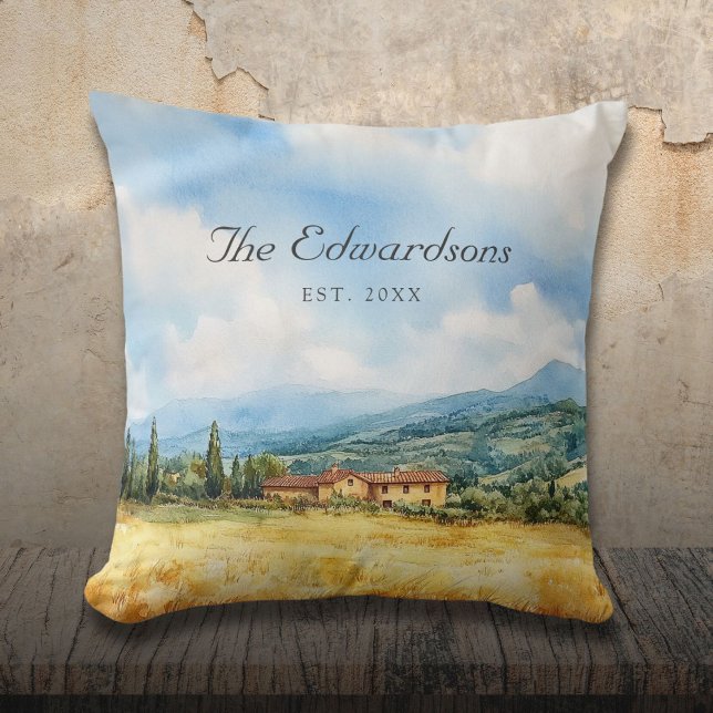 Watercolor Tuscan Mediterranean Family Name Cushion (Watercolor Tuscan Mediterranean Family Name Throw Pillow)