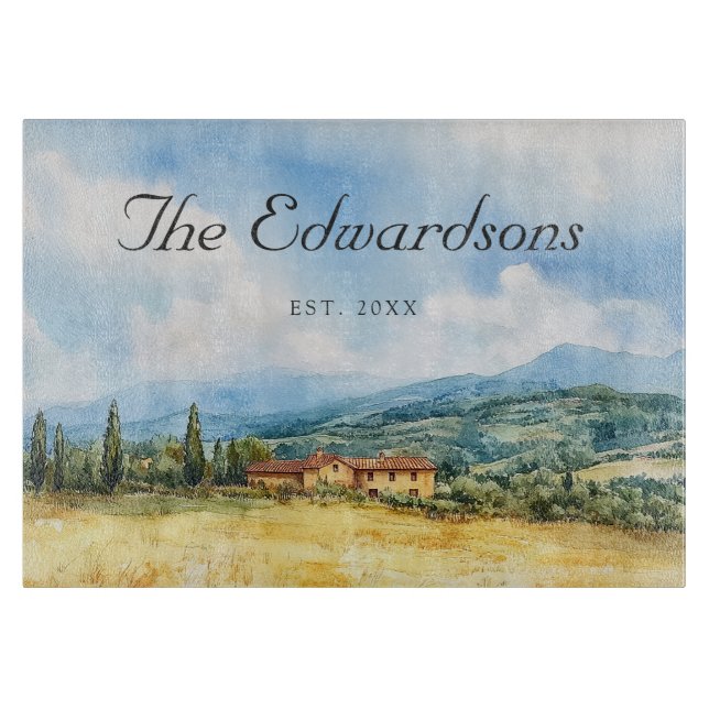 Watercolor Tuscan Mediterranean Family Name Cutting Board (Front)