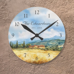 Watercolor Tuscan Mediterranean Family Name Round Clock