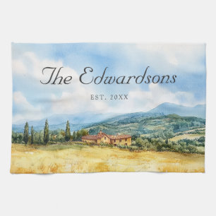 Watercolor Tuscan Mediterranean Family Name Tea Towel