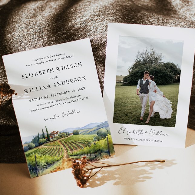 Watercolor Tuscany Italy Destination Wedding Photo Invitation (Invite guests to your dreamy Tuscan wedding with our watercolor Italy destination invitations.)
