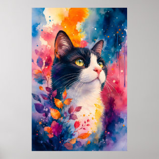 Watercolor tuxedo cat art portrait vibrant colours poster