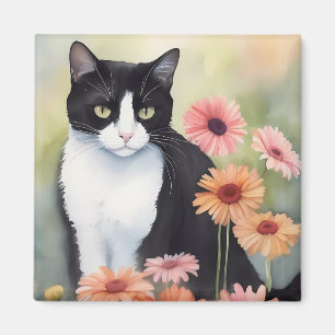 Watercolor Tuxedo Cat With Gerbera Daisy Flowers Magnet