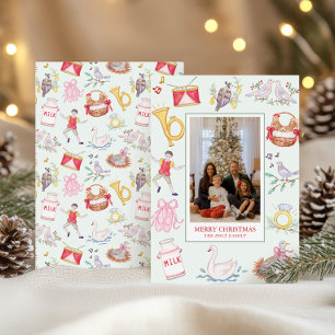 Watercolor Twelve Days of Christmas Photo Holiday Card