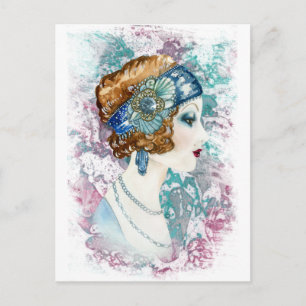 Watercolor Twenties Art deco flapper girl Postcard