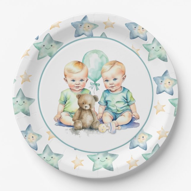 Watercolor Twin Boys Baby Shower Paper Plate (Front)