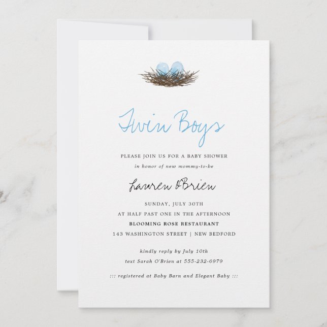 Watercolor Twin Boys Bird's Nest Baby Shower Invitation (Front)
