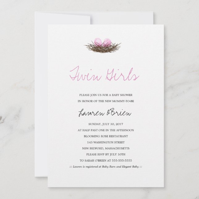 Watercolor Twin Girls Bird's Nest Baby Shower Invitation (Front)