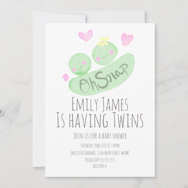 Watercolor Twins Pea Pods Baby Shower Invitation (Front)