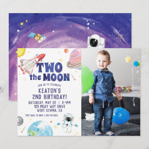 Watercolor Two the Moon Space Birthday Invitation