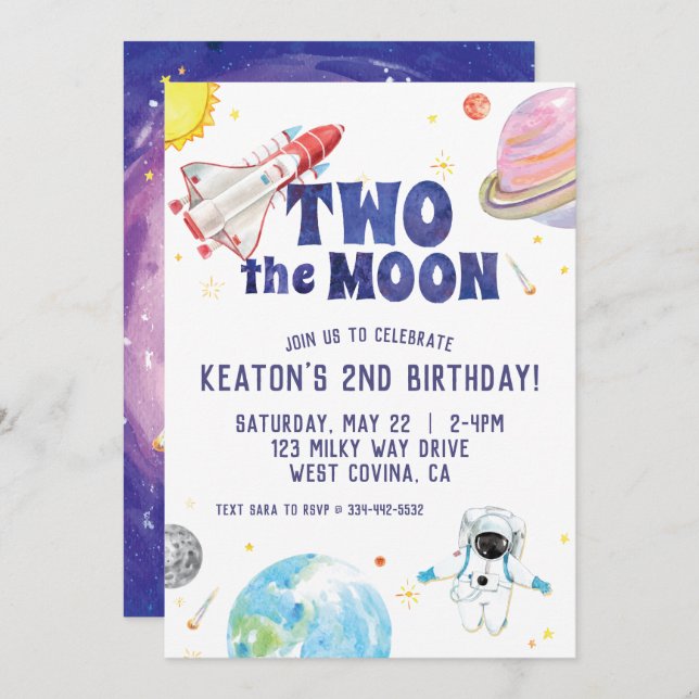 Watercolor Two the Moon Space Birthday Invitation (Front/Back)