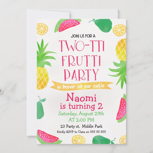 Watercolor Two-tti Frutti 2nd Birthday Invitation (Front)