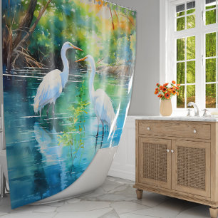 watercolor two white Cranes in the swamp Shower Curtain