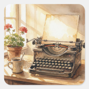 Watercolor Typewriter with Blank Sheet of Paper Square Sticker