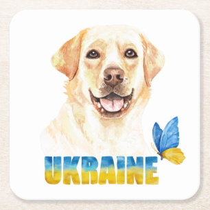 Watercolor Ukraine Yellow Lab and Butterfly Square Paper Coaster