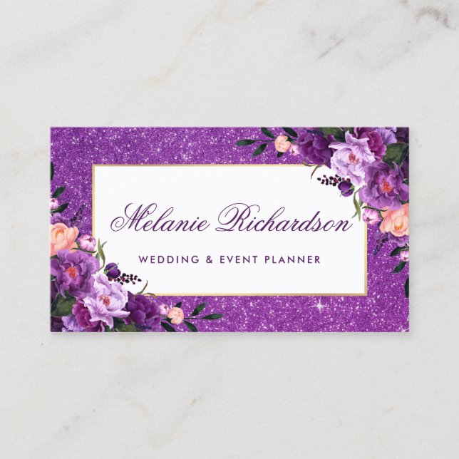 Watercolor Ultra Violet Purple Floral Glitter Business Card (Front)