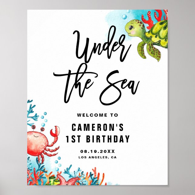 Watercolor Under the Sea Birthday Party Welcome Poster (Front)