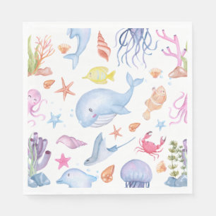 Watercolor Under the Sea Cute Ocean Animals Party Napkin