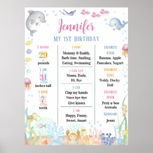 Watercolor Under the Sea First Birthday Milestone  Poster