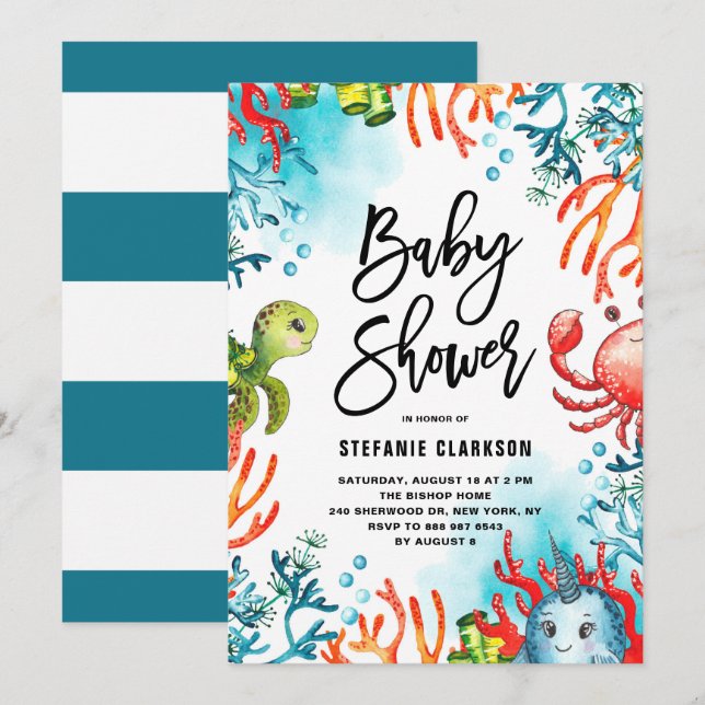 Watercolor Under the Sea Friends Baby Shower Invitation (Front/Back)