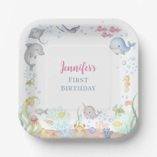 Watercolor Under the Sea Girl First Birthday Paper Plate