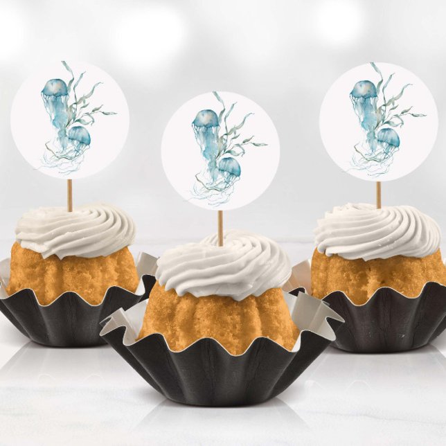 Watercolor Under the Sea Jellyfish Stickers (Stickers being used as cup cake toppers with toothpicks)