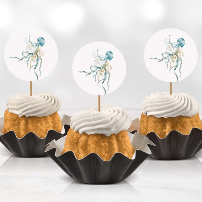 Watercolor Under the Sea Jellyfish Stickers (Stickers being used as cup cake toppers with toothpicks)