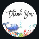 Watercolor Under the Sea Kids Birthday Thank You Classic Round Sticker<br><div class="desc">Join us under the sea with this watercolor thank you stickers. It features watercolor illustrations of a crab,  whale,  fish and corals. This under the sea thank you sticker is perfect for baby showers and birthday parties.</div>