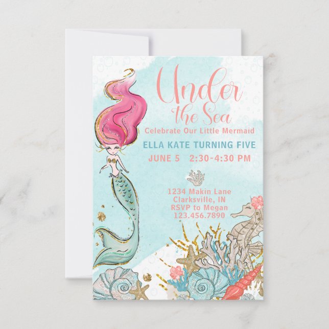Watercolor Under the Sea Mermaid Birthday Party Invitation (Front)
